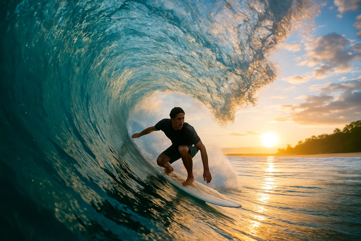 Surfer riding wave at sunset